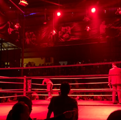 A wrestling ring is illuminated with red lighting, creating a dramatic atmosphere. Several people are visible around the ring, with silhouetted spectators in the foreground. Banners or art adorn the upper walls, and the venue has an industrial ceiling with exposed beams.